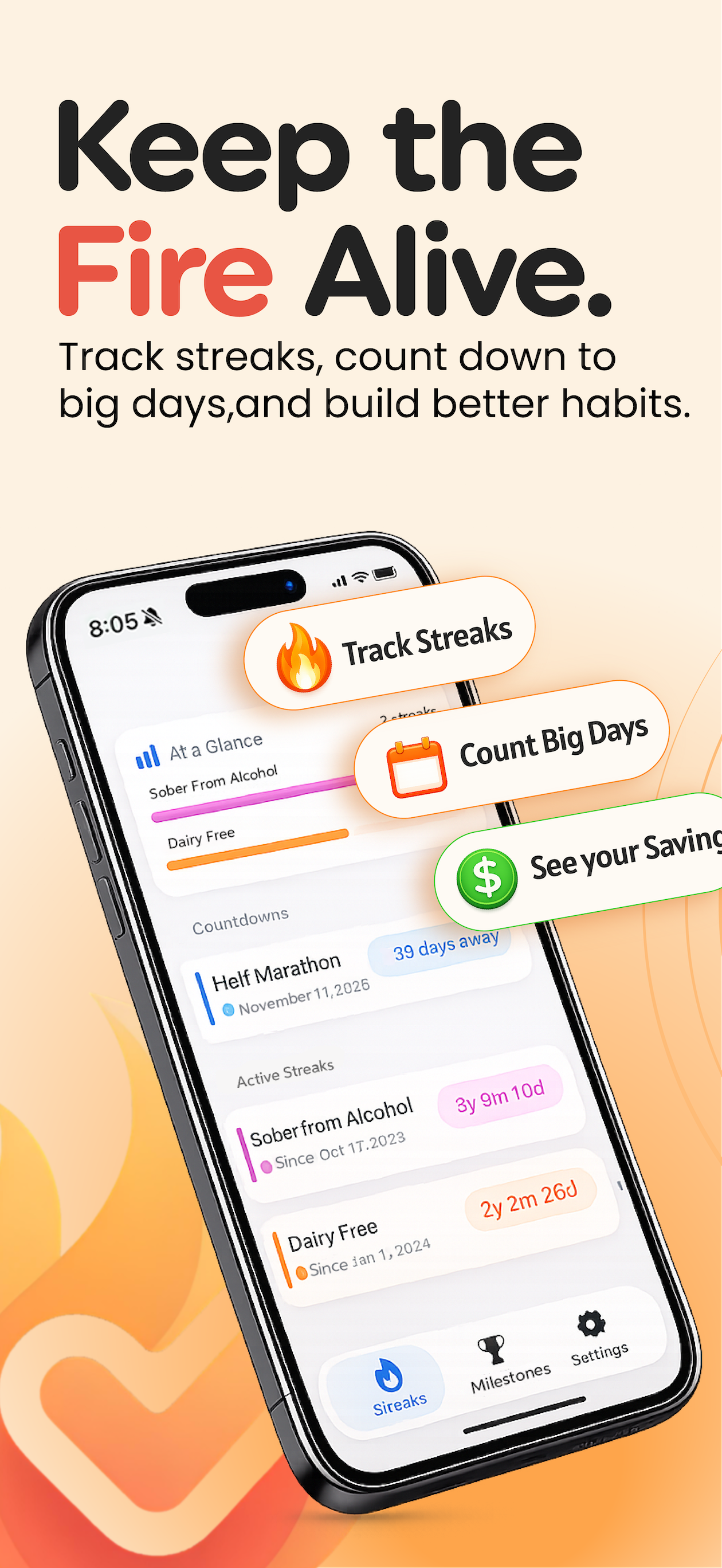 Stay Stoked app screenshot: track streaks
