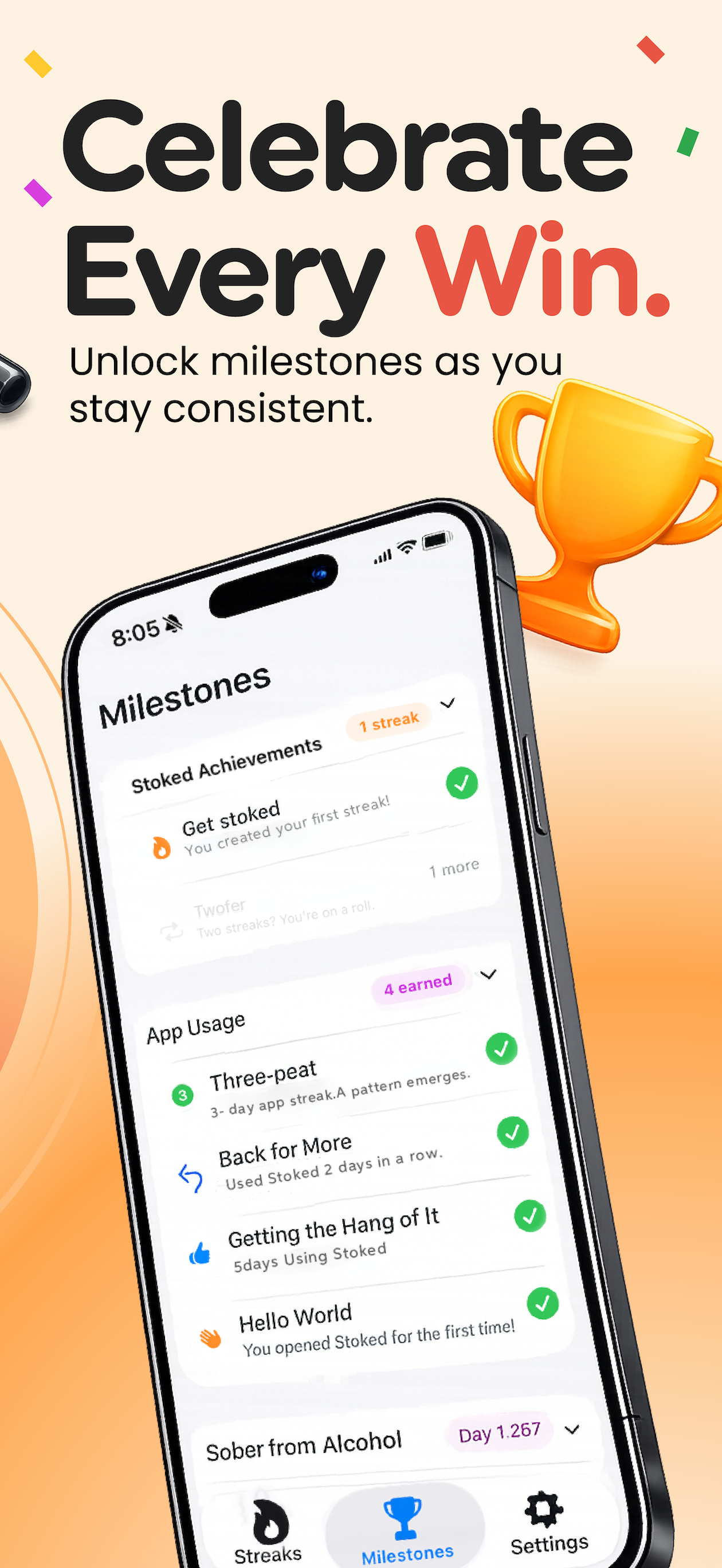 Stay Stoked app screenshot: milestones