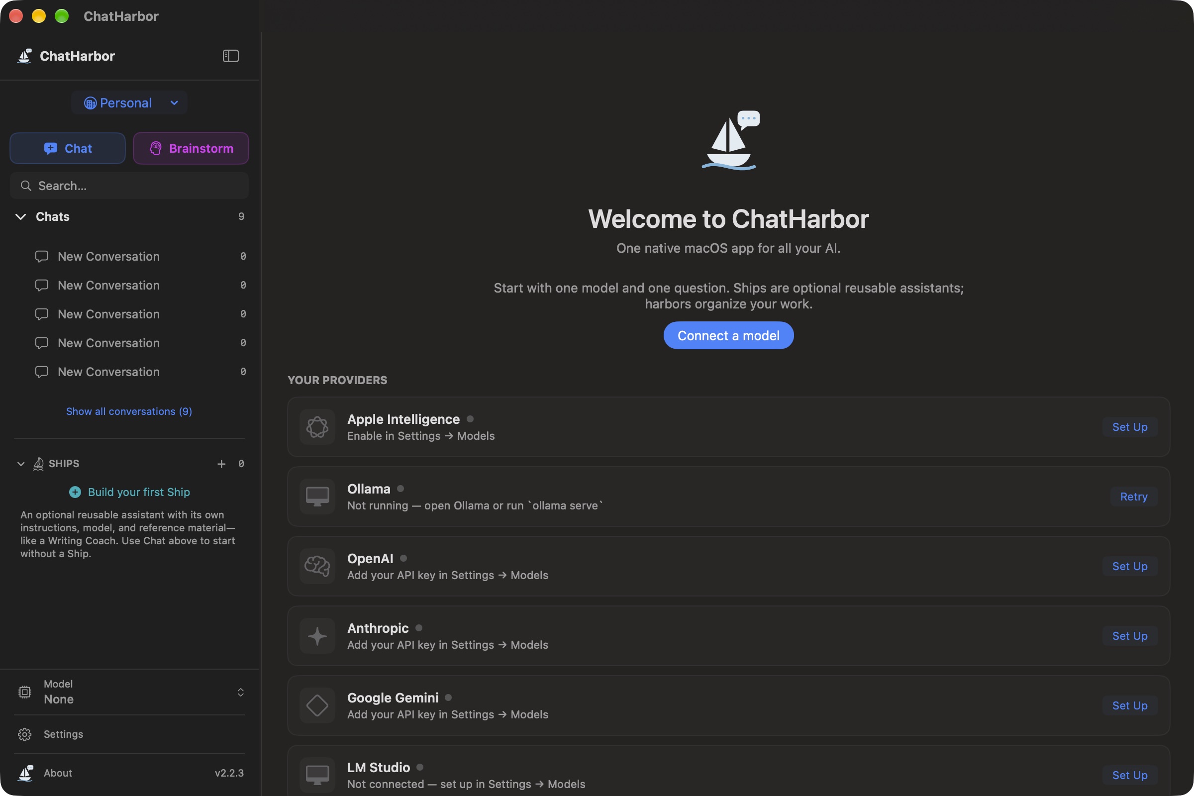 ChatHarbor running on macOS, showing its welcome screen, Chat and Brainstorm navigation, and cloud and local model-provider options